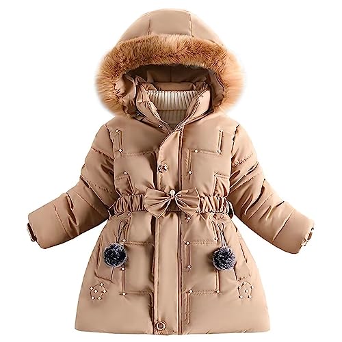 linboo Wintermantel Mädchen Winterjacke Kinder Warm Fleece Mäntel Verdickte Baumwolle Gefütterte Jacke Klassische Parka mit Nieten, Gürtel, Bögen, Khaki, 122-128(Etikettengröße: 130) von linboo