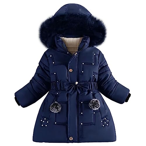 linboo Wintermantel Mädchen Winterjacke Kinder Warm Fleece Mäntel Verdickte Baumwolle Gefütterte Jacke Klassische Parka mit Nieten, Gürtel, Bögen, Marineblau, 134-140 von linboo