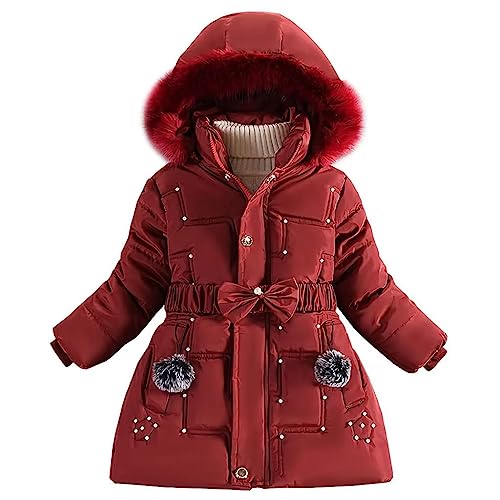 linboo Wintermantel Mädchen Winterjacke Kinder Warm Fleece Mäntel Verdickte Baumwolle Gefütterte Jacke Klassische Parka mit Nieten, Gürtel, Bögen, Rot, 146-152 von linboo