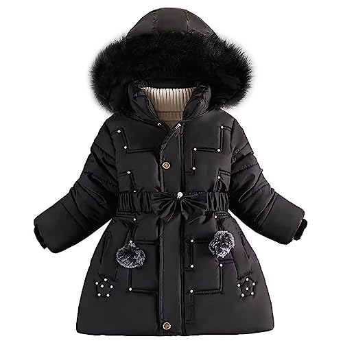 linboo Wintermantel Mädchen Winterjacke Kinder Warm Fleece Mäntel Verdickte Baumwolle Gefütterte Jacke Klassische Parka mit Nieten, Gürtel, Bögen, Schwarz, 110-116 von linboo