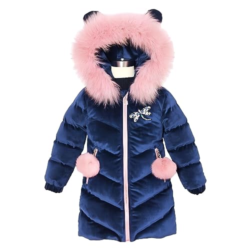 linboo Wintermantel Mädchen Winterjacke mit Fellkapuze Kinder Steppjacke Warm Fleece Mäntel Verdickte Baumwolle Jacke Outerwear, Blau, 128 von linboo