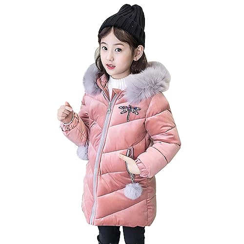 linboo Wintermantel Mädchen Winterjacke mit Fellkapuze Kinder Steppjacke Warm Fleece Mäntel Verdickte Baumwolle Jacke Outerwear, Rosa, 104-110 von linboo