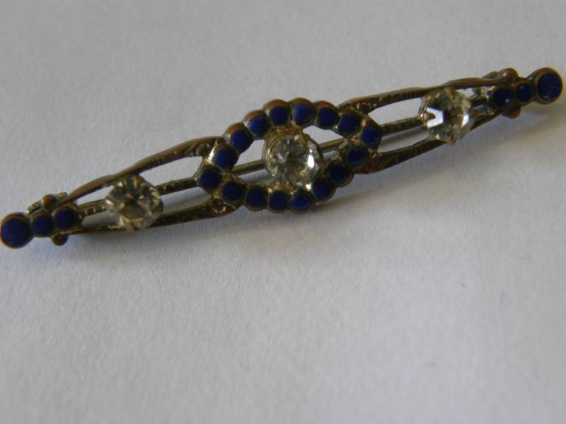 Jahrgang 1920 Messing, Emaille Und Strass Brosche von lindysloops