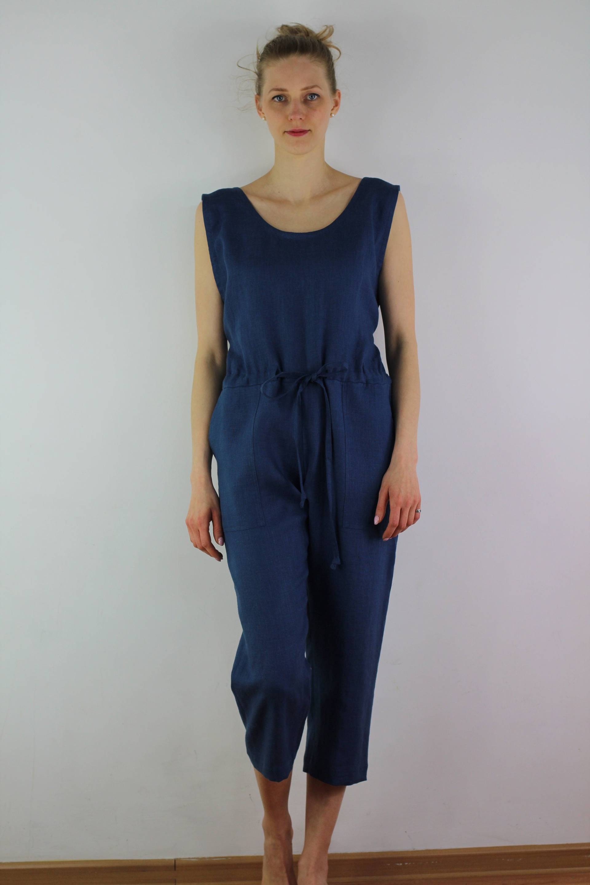 Damen Leinen Marineblau Jumpsuit/Größe M Versandfertig Lässige Jumpsuits Breite Beinhose Für Frauen Sommer von linencity