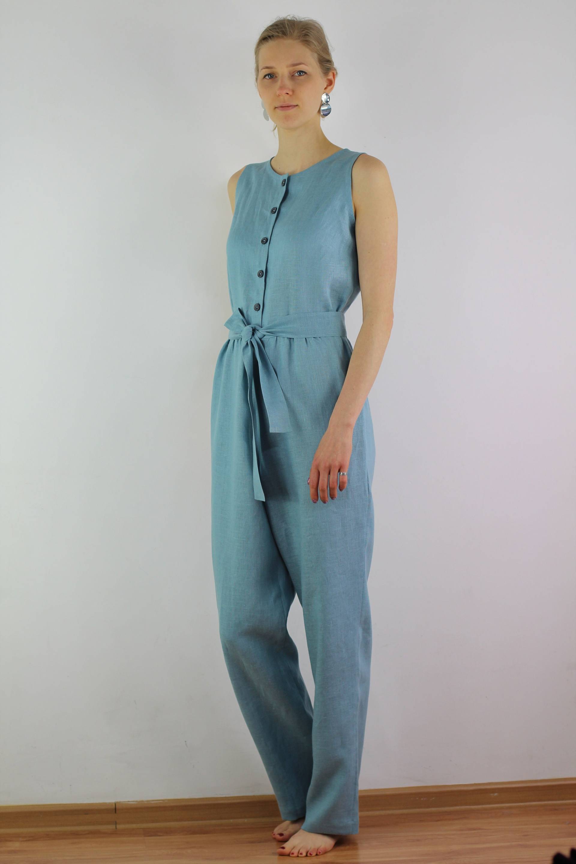 Frauen Leinen Overall/Casual Insgesamt Türkis Strampler Jumpsuit Für Sommer Ärmellose von linencity