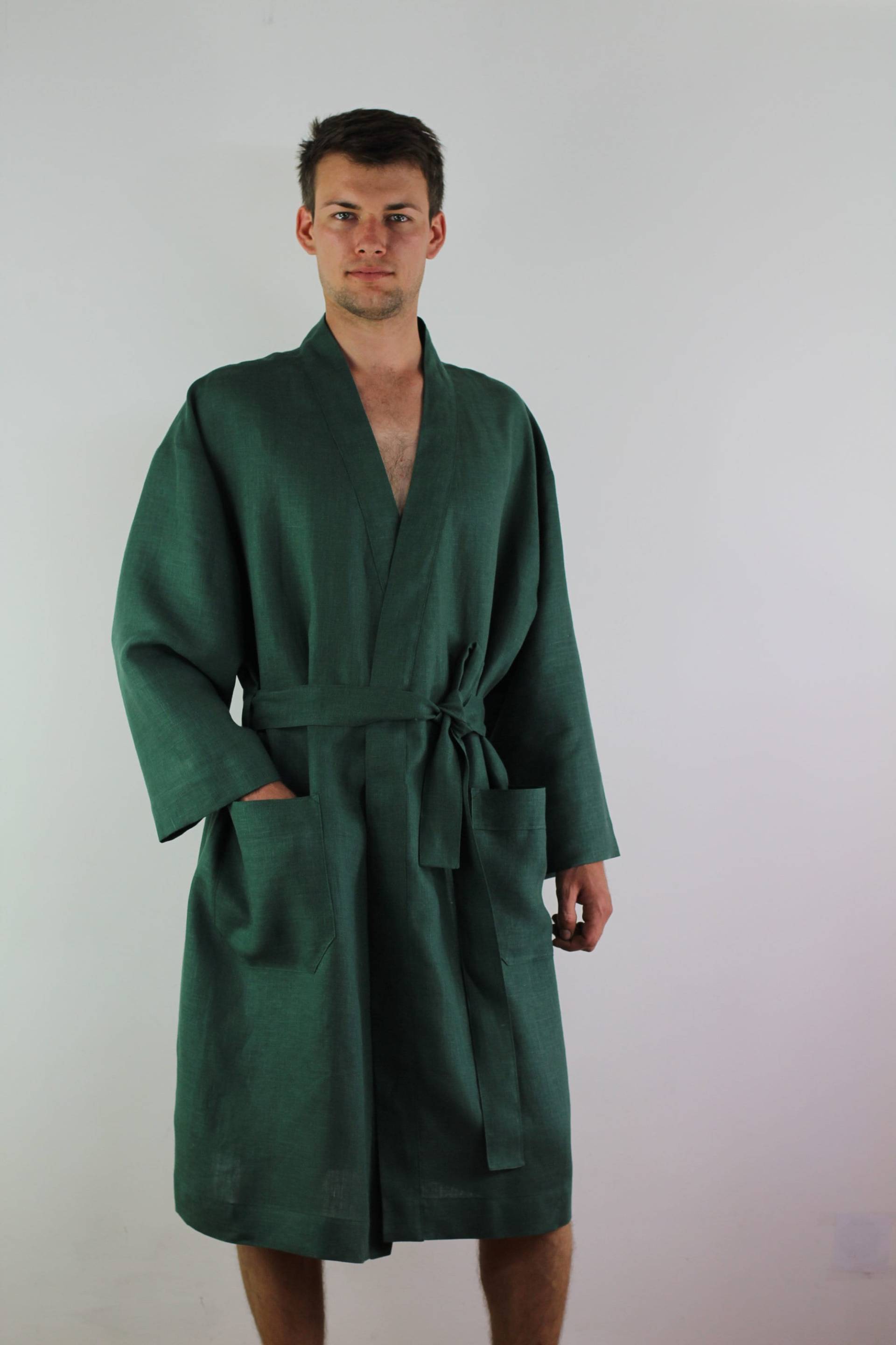 Handgemachter Leinen Bademantel Grün, Kimono Robe, Natur Bademantel, Lounge Wear, Sauna Herren Spa Robe von linencity