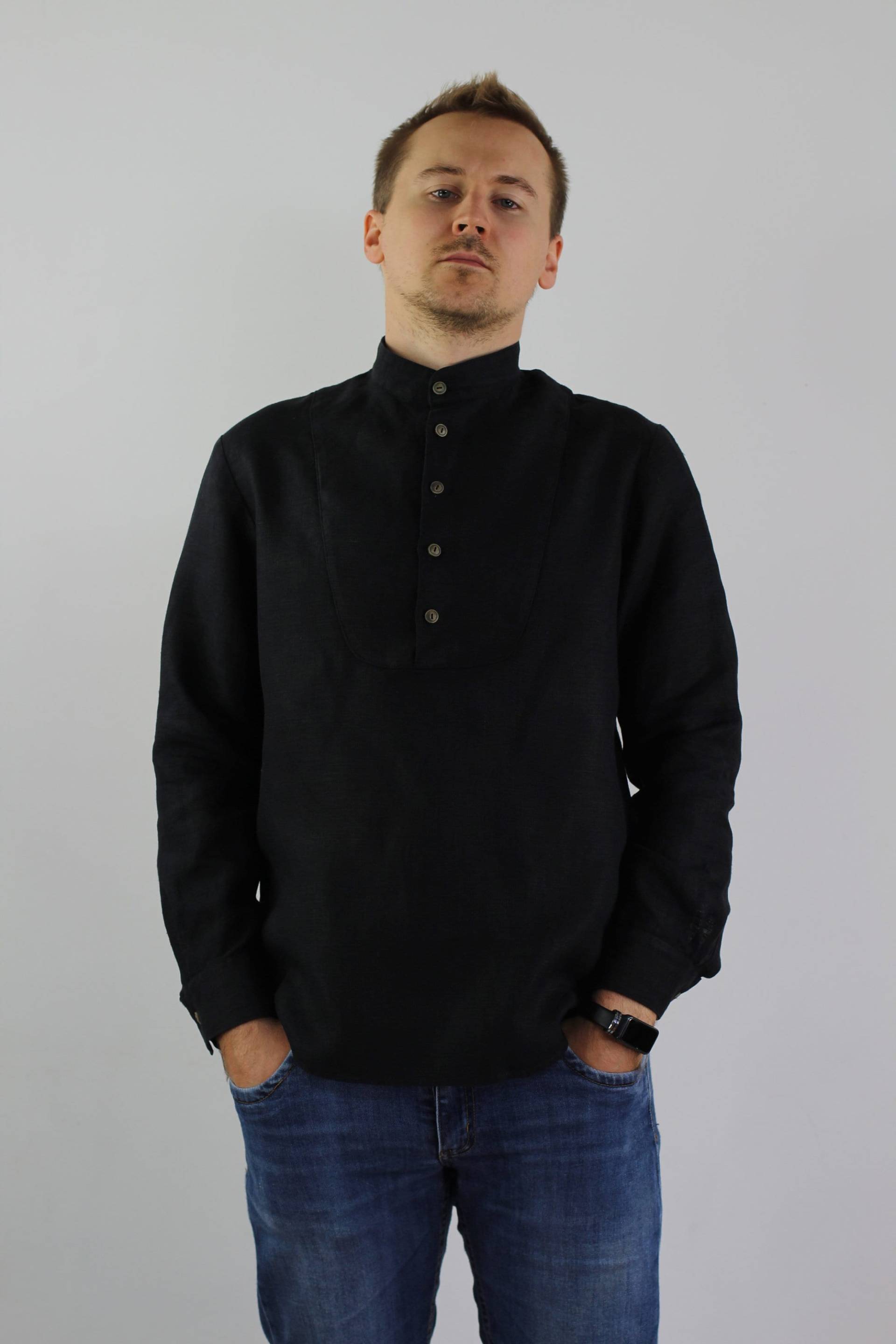 Maßgefertigt Herren Schwarzes Leinenshirt, Langarmshirt, Naturleinenshirt, Formalshirt von linencity