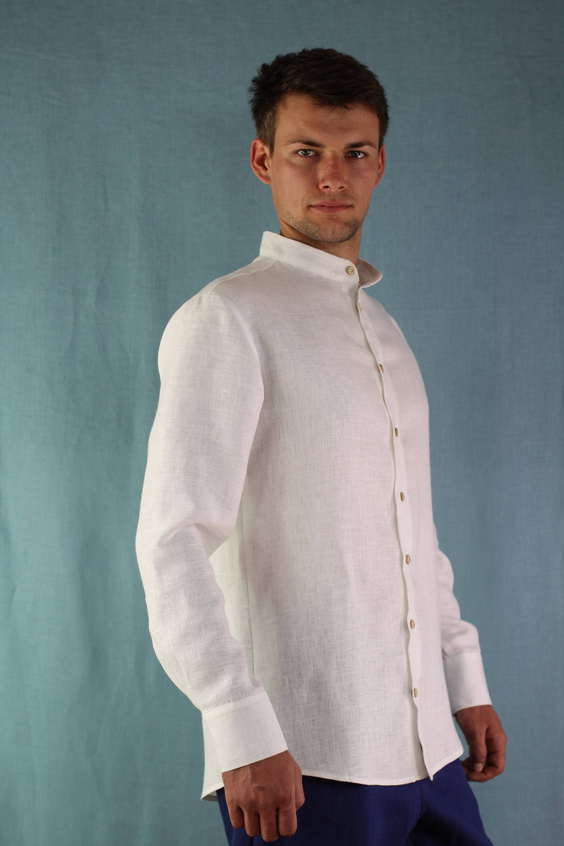 Maßgefertigt Herren Weißes Leinenshirt, Langarmshirt, Naturleinenshirt, Formshirt von linencity