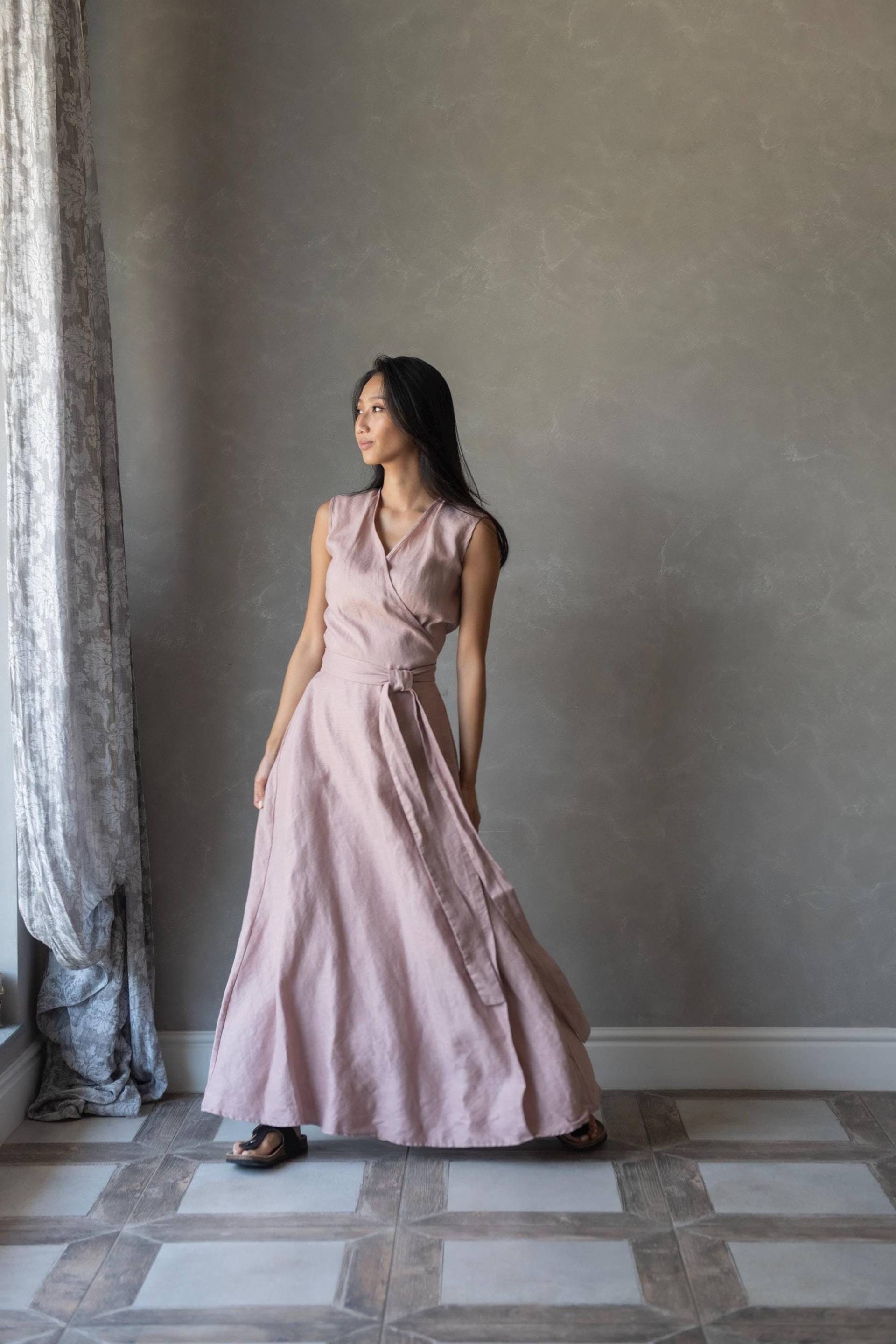 Langes Leinen Maxi Kleid, Kaftan Wickelkleid Mit Taschen, Kimono Wickelkleid, Rosa Swing Kleid Donna von linenfairytales