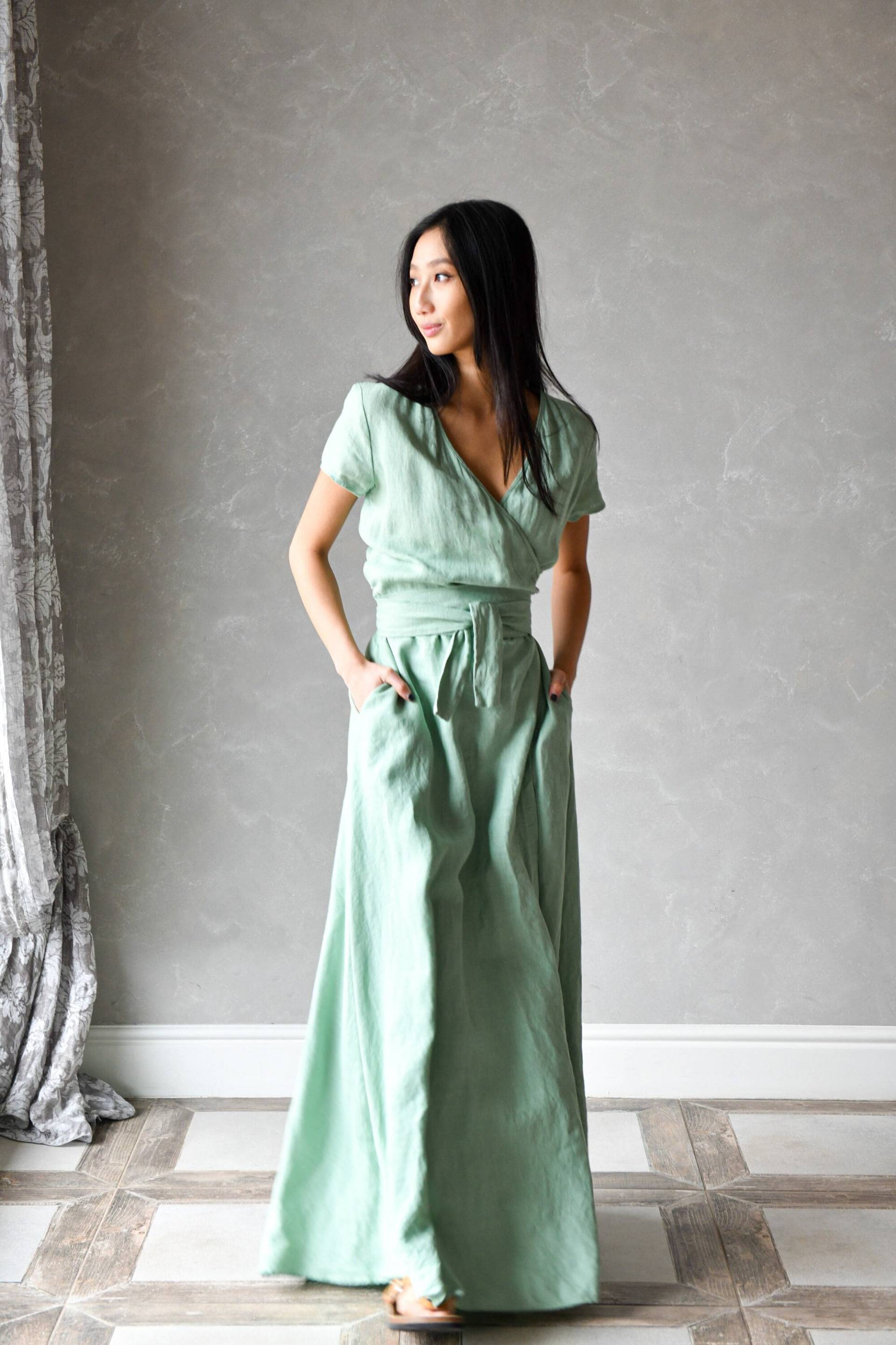 Leinen Maxi Kleid, Wickelkleid, Langes Sommer Kaftan Plus Größe Kleid Valentina, Frauen von linenfairytales