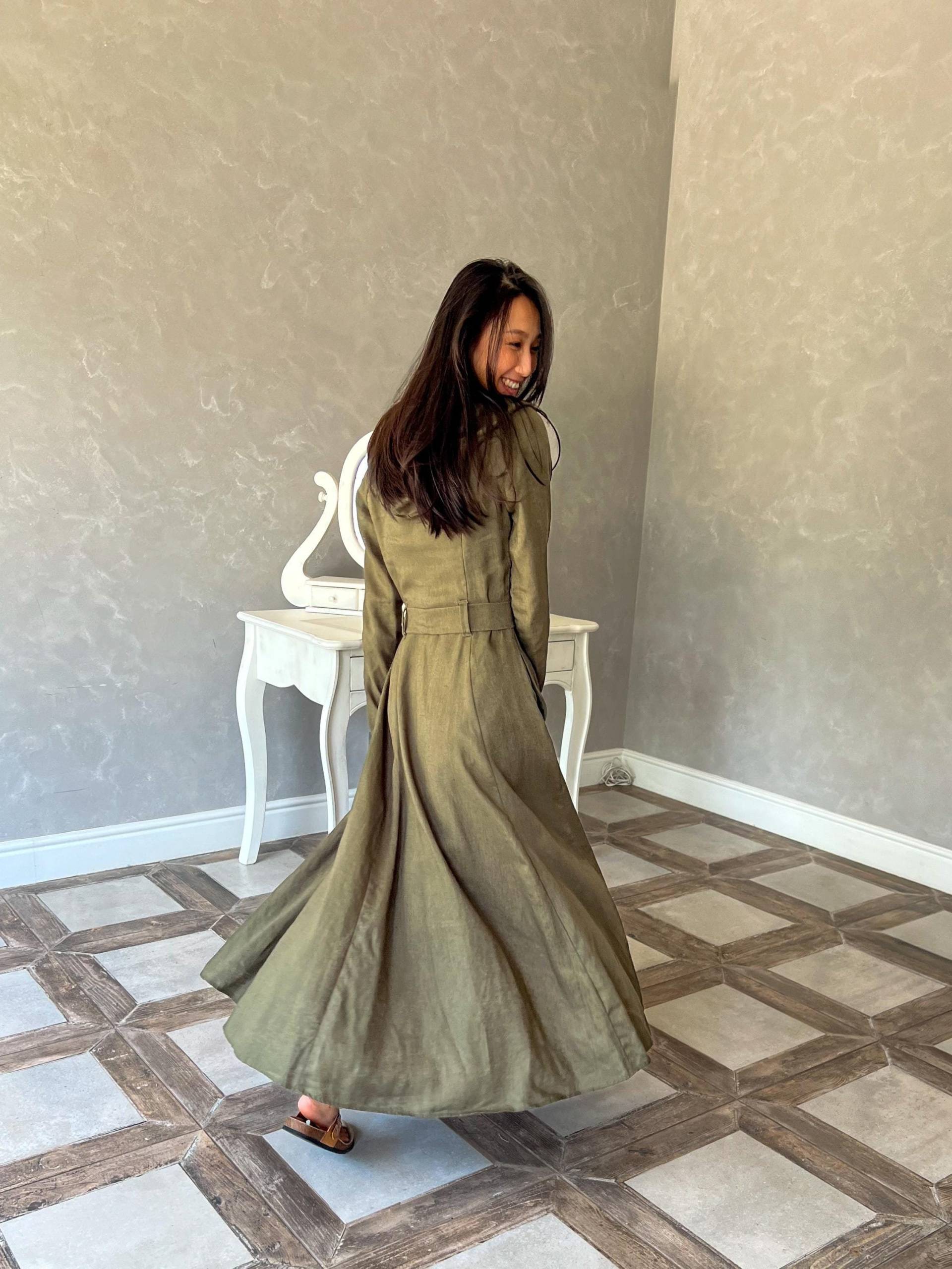 Leinen Swing-Mantel, Prinzessin Mantel, Grüner Leinenumhang, Trenchcoat, Langer Leinenumhang Grace, Eleganter Leinenmantel von linenfairytales