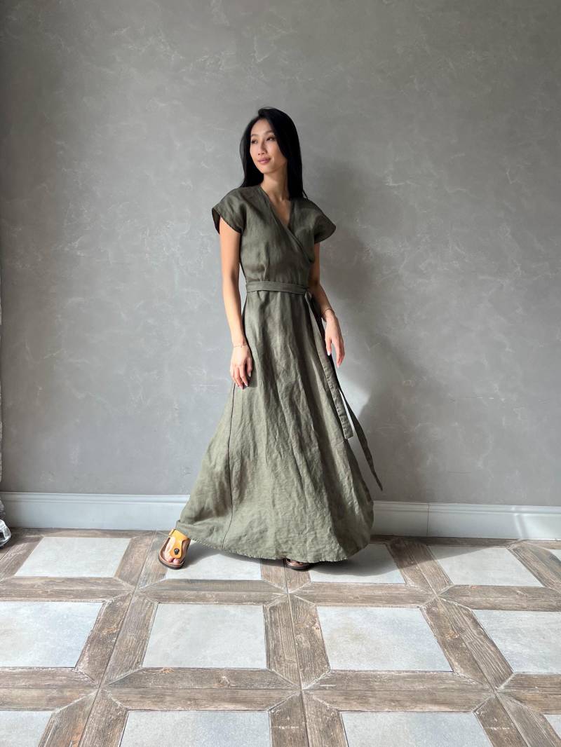 Leinen Wickelkleid, Maxikleid, Kaftan Kleid, Langes Leinenkleid, Swing Fit Und Flare Wickelkleid Linna von linenfairytales