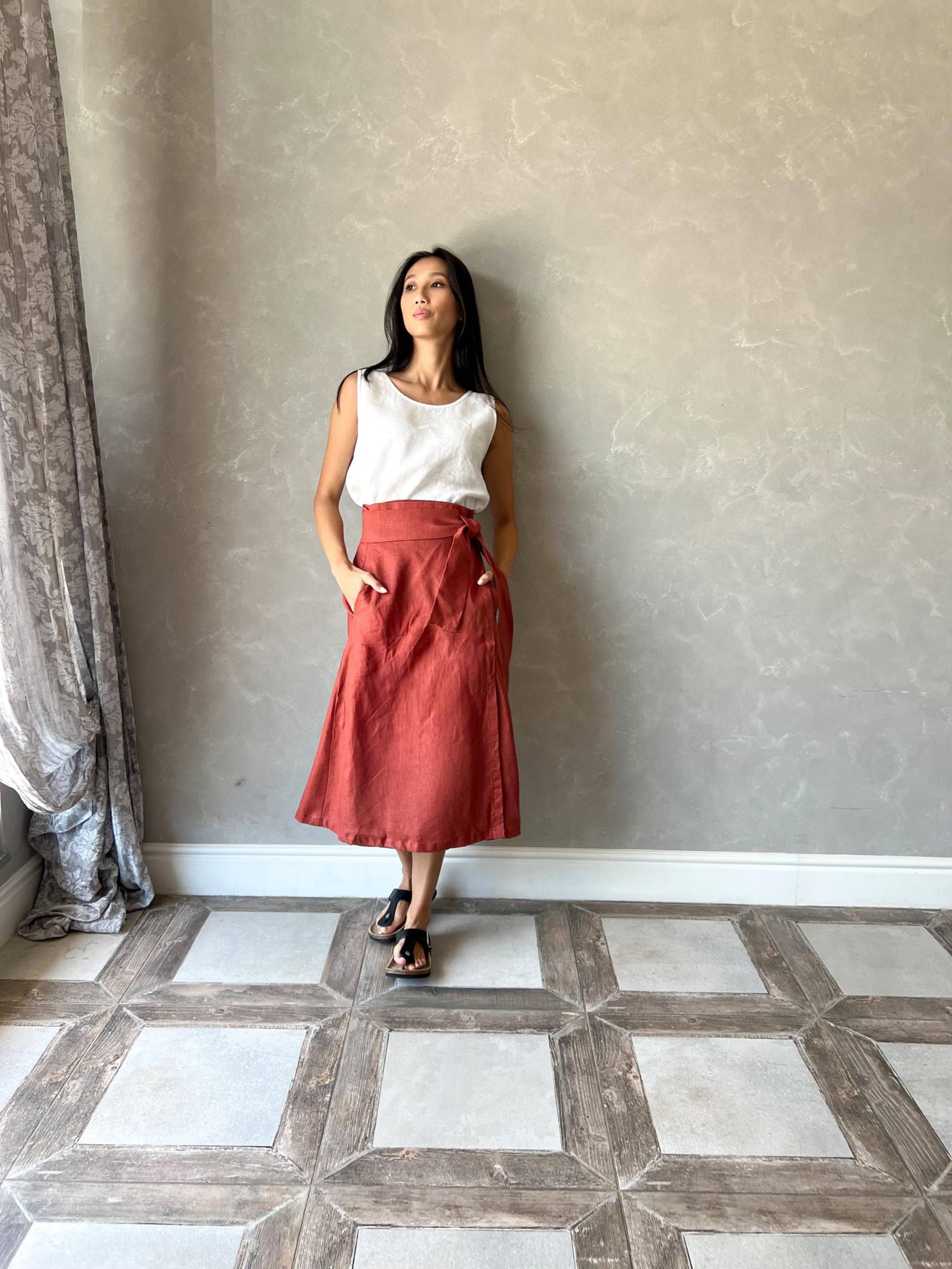 Leinen Wickelrock, Midi Leinenrock Mit Taschen, Hoch Taillierter Leinenrock, Schwerer Sommer Gürtel Fay von linenfairytales