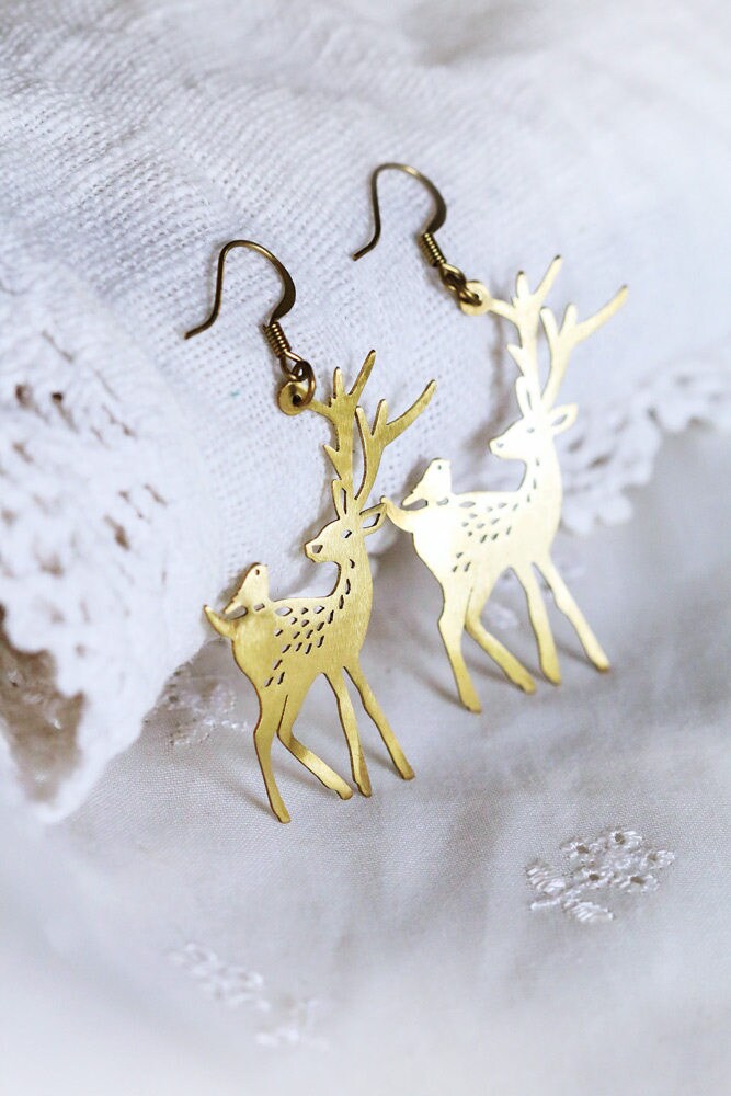 Hirsch Und Vogel Draht Ohrring/Messingdraht Leinen Schmuck Alltags Goldener von linenjewelryshop