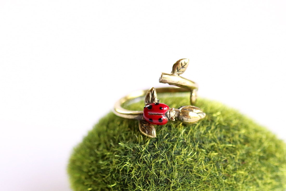 Käfer Auf Ast Ring, Käfer Ring, Tier Schmuck, Roter Ring, Marienkäfer Ring, Baby Insekt Ring, Charm-Ring von linenjewelryshop