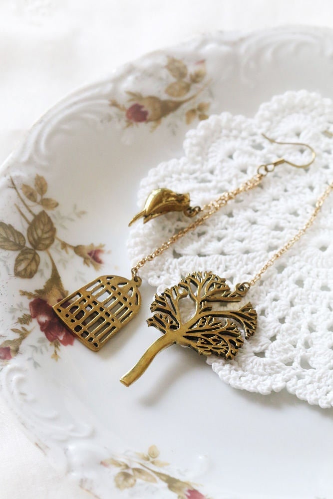 Leinen Ohrringe/Baum Und Vogelkäfig Schmuck/ Für Jeden Tag von linenjewelryshop