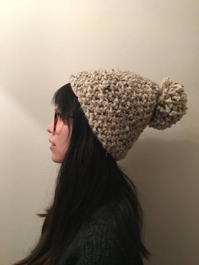 Wolle Drahteinlage Bommel Mütze Häkeln Stricken Blogger Aussehen Fashionista Hipster Winter Xmas Handgestrickt - Tweed Grau von linhthecat