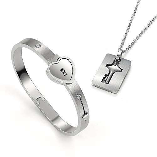 2 Stück Armreif mit Schloss & Anhänger Kette Schlüssel Set für Paare,Edelstahl Herz Sperren Armband Armbänder,Schmuck Damen Herren Halskette ketten für Pärchen Couple Partner Freundschaft BFF Geschenk von linjinde