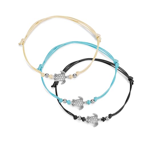 3 Stück Boho Stoff Leder Schildkröte Fußkettchen set für Frauen Kinder Mädchen,Verstellbar Zart Textil Turtle Damen Fußkette Lederband Knöchel Fußband Kette Geschenk für BFF Freundschaft Geburtstag von linjinde