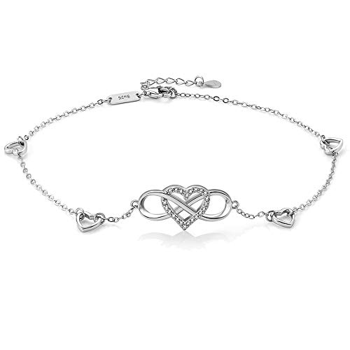 Fußkettchen Damen Unendlichkeitszeichen 925 Sterling Echt Silber Schmuck für Frauen Mädchen,Herz Zirkonia Fußkette Fußband Infinity Unendlichkeit Unendlich Liebe Armband Geschenk für Urlaub Geburtstag von linjinde