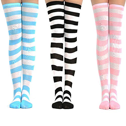 linjinde 3Paar Kniestrümpfe Cute Gestreift set für Damen Teenager Mädchen,Kawaii Bunt Pink Weiss Overknee Lange Strümpfe Streifen Geringelt Hohe Socken Thigh High Socks für Cosplay Fasching von linjinde