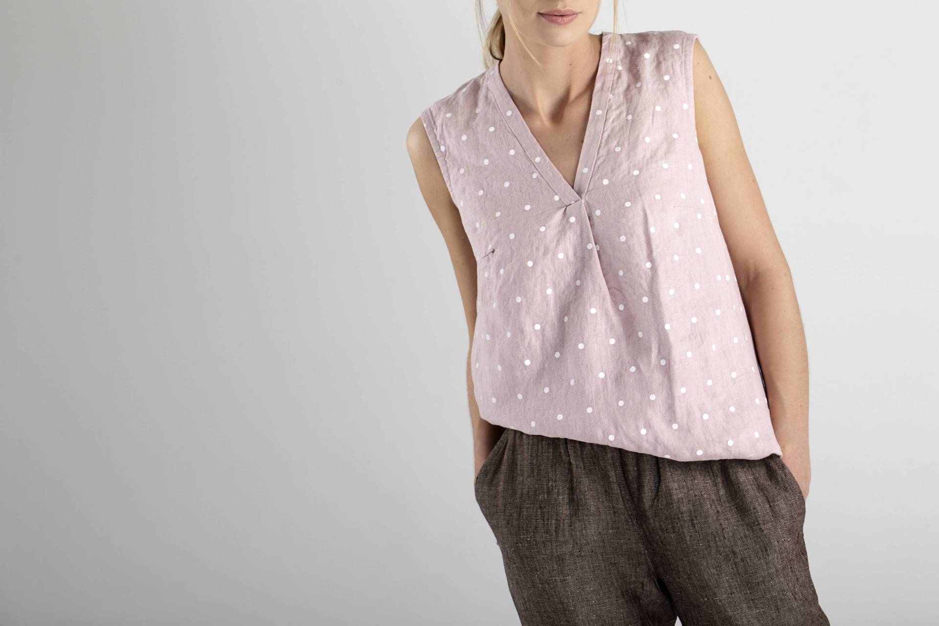 Rosa Ärmelloses Leinen Top Mit Weißen Punkten/Rosa Ärmellose Bluse Lose Fit Oben von linogija