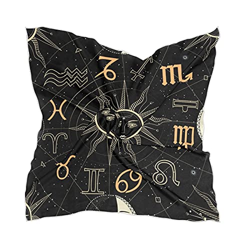 Linomo Damen Chiffon Seidenschal Horoskop Kreis Sonne Mond Stern quadratisch Schal Wrap Seide wie Schal von linomo