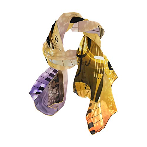 linomo Damen Chiffon Seide Großer Schal Musik Note Klavier Geige Langer Schal Wickel Seidenschal von Linomo