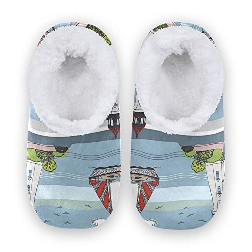 linomo Meer Leuchtturm Schiff Hausschuhe für Unisex Damen Männer Winter Hausschuhe Wärme Drinnen Hausschuhe Schlafzimmer Socken Schuh von Linomo