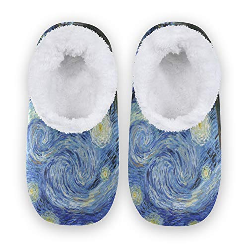 linomo Van Gogh Sternenklar Nacht Kunst Malerei Hausschuhe für Unisex Damen Männer Winter Hausschuhe Wärme Drinnen Hausschuhe Schlafzimmer Socken Schuh von linomo