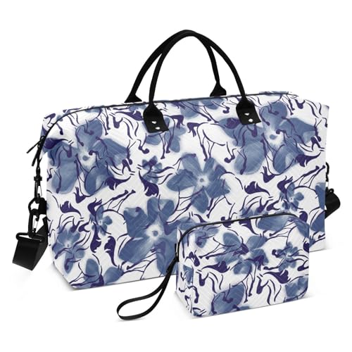 Blue Ink Reisetasche, Motiv: Pferde, tropische Hibiskusblumen, große Reisetasche, Reisetasche, Übernachtungstasche, Turnbeutel mit verstellbarem Gurt, für Wandern, multifunktional, Blue Ink Horses, 1 von linqin
