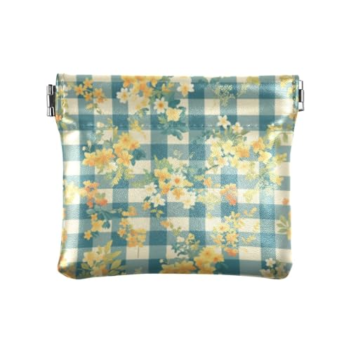 Blumen Dunkelblau Gingham Damen PU Leder Münzbörse Einzigartige Mini Kleingeld Geldbörse Münzfach für Mädchen Damen Handtasche von linqin