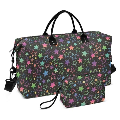 Bright Neon Stars Reisetasche, Übernachtungstasche, Sporttasche, Turnbeutel mit Kulturbeutel für Workout, 2-teiliges Set, Leuchtende Neonsterne, 1 size von linqin