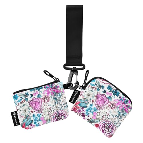 Bunte Blumen Damen Münzgeldbörsen Kartenetuis kompakte Größe Kartenetui Geld Organizer mit Handgelenkschlaufe für Damen Mädchen 2 Stück, Mehrfarbiges Blumenmuster, 1 size von linqin