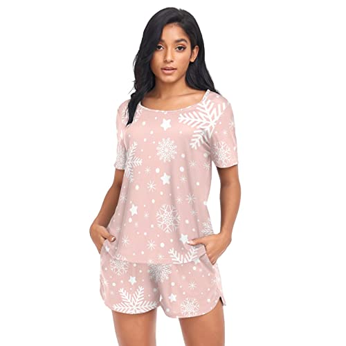 Damen Schlafanzug Set mit weichen Shorts für Damen, kurzärmeliges Schlafanzug-Set für Damen, Schneeflocken-Muster, Rosa, Schneeflocken Winterrosen, 42 von linqin