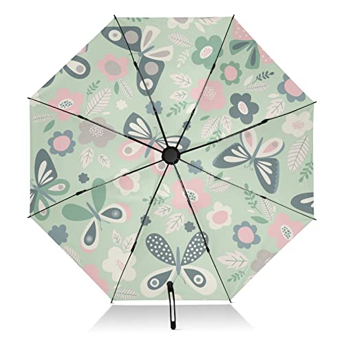 Faltbarer Reise-Regenschirm, Schmetterlinge, Blumen, Frühling, winddicht, umgekehrt, kompakter Regenschirm für Regen, Sonne, groß, 8 Rippen, UV-Regenschirm, automatisch für Männer und Frauen von linqin