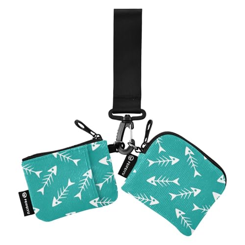 Fish Bone Teal Damen Münztaschen Kartenhalter Mini Mode Ausweis-Schutz mit Handgelenkschlaufe für Damen Mädchen 2 Packungen, Fischgrätenmuster, Blaugrün, 1 size von linqin