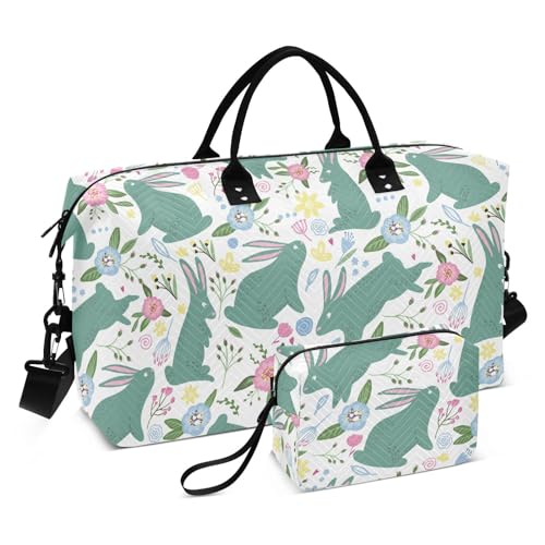 Große Reisetasche mit niedlichem Hasen-Blumenmotiv, für Übernachtung, Sporttasche, Turnbeutel mit Kulturbeutel für Fitnessstudio, faltbar, Niedliche Hasen-Blumen, 1 size von linqin