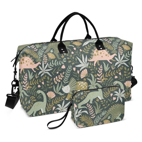 Große Tasche mit Dinosaurier-Motiv und tropischen Pflanzen, für Reisen, über Nacht, Handgepäcktasche, Turnbeutel mit Kulturbeutel für Workout, große Kapazität, Dinosaurier, tropische Pflanzen, 1 size von linqin