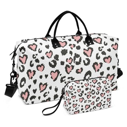 Große Tasche mit pinkem Herz-Leopardenmuster, für Fitnessstudio, Handgepäck, Schultertasche, Wochenendtasche, Übernachtungstasche, Kulturbeutel für Sport, großes Fassungsvermögen, Rosa Herz Leopard, 1 von linqin