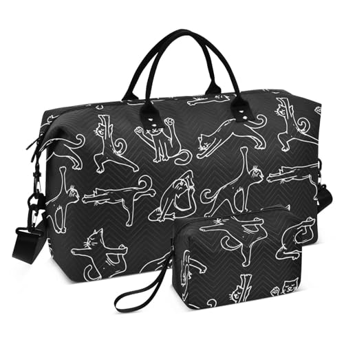 Katzen-Yoga-Gepäck-Reisetasche, Übernachtungstasche, groß, Turnbeutel mit Kulturbeutel für Yoga, 2-teiliges Set, Cat Yoga Schwarz, 1 size von linqin