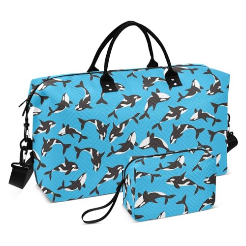 Killer Whale on Blue Übergroße Reisetasche für Übernachtung, Tragetasche und Gepäck, Turnbeutel mit verstellbarem Riemen für Sport, 2-teiliges Set, Wal auf Blau, 1 size von linqin