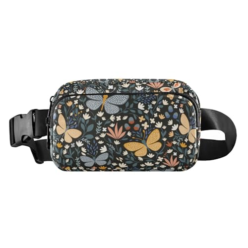 Modische Bauchtasche für Damen und Herren, Mini-Umhängetasche mit verstellbarem Riemen für Reisen, Laufen, Wandern, Blumige Schmetterlinge Wiese, 1 size von linqin