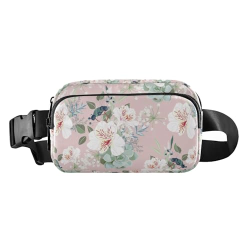 Modische Hüfttasche für Damen und Herren, große Kapazität, mit verstellbarem Gurt, für Radfahren, Wandern, Fitnessstudio, Blume und weiße Blätter, 1 size von linqin