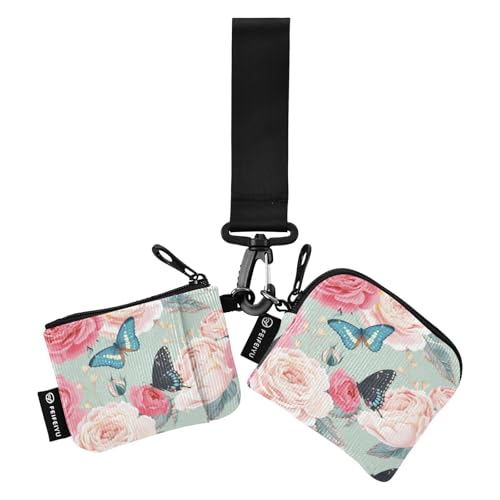 Peony Roses Butterfly Damen Dual Wallets Busniess Kartenetuis Slim Abnehmbare Reißverschluss Geldbörse Geldbörse mit Reißverschlusstasche für Damen Mädchen 2 Stück, Pfingstrosen, Rosen, Schmetterling, von linqin