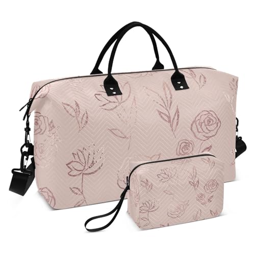 Reisetasche, Reisetasche, Sporttasche, Schultertasche, Wochenend-Tragetasche, mit verstellbarem Riemen, zum Wandern, großes Fassungsvermögen, Rotgold, Blume Roségold, 1 size von linqin