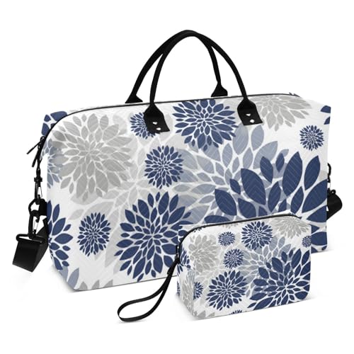 Reisetasche mit Blumenmuster, Sporttasche, Schultertasche, Wochenend-Tragetasche mit verstellbarem Riemen, für Geschäftsreisen, großes Fassungsvermögen, Blau / Grau, Blau-graue Blume, 1 size von linqin