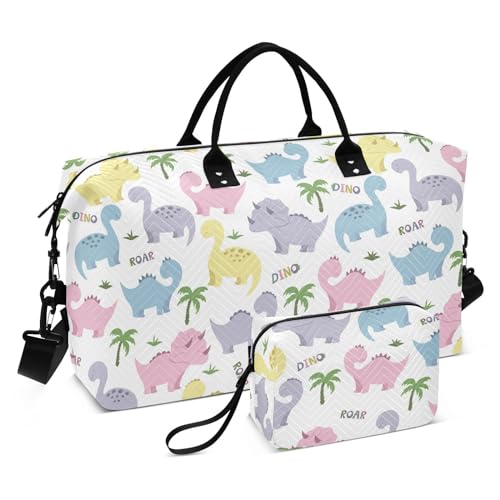 Reisetasche mit Cartoon-Dinosaurier-Motiv, groß, Flughafentasche, Sporttasche, Turnbeutel mit verstellbarem Gurt, für Fitnessstudio, 2-teiliges Set, Cartoon Dinosaurier, 1 size von linqin