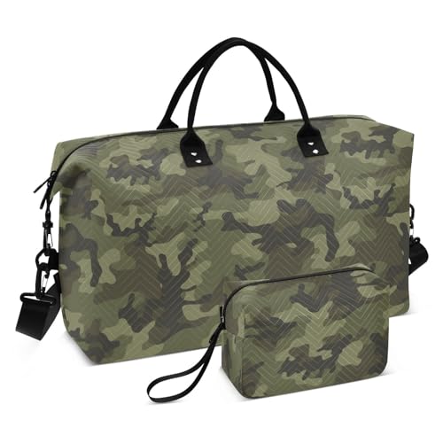 Reisetasche mit Kulturbeutel für Reisen, wasserdicht, Tarnmuster, für Übernachtung, Handgepäck, Turnbeutel, Tarnmuster, Grün, Armee-Camouflagegrün, 1 size von linqin