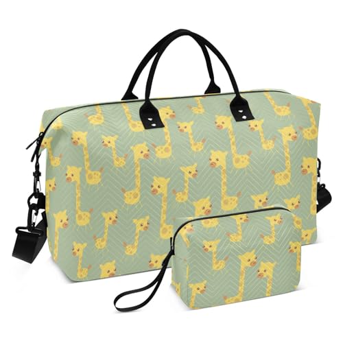 Reisetasche mit niedlichem Giraffenmotiv, Gelb, für persönliche Gegenstände, Turnbeutel mit Kulturbeutel für Fitnessstudio, 2-teiliges Set, Niedliches Giraffen-Tier, Gelb, 1 size von linqin